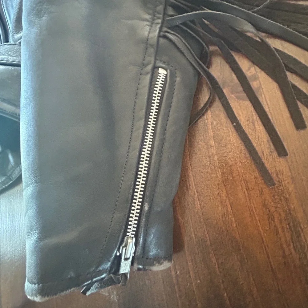 Vintage 90s First Genuine Leather Fringe Biker Jacket Black Western Moto Belted - Picture 3 of 8